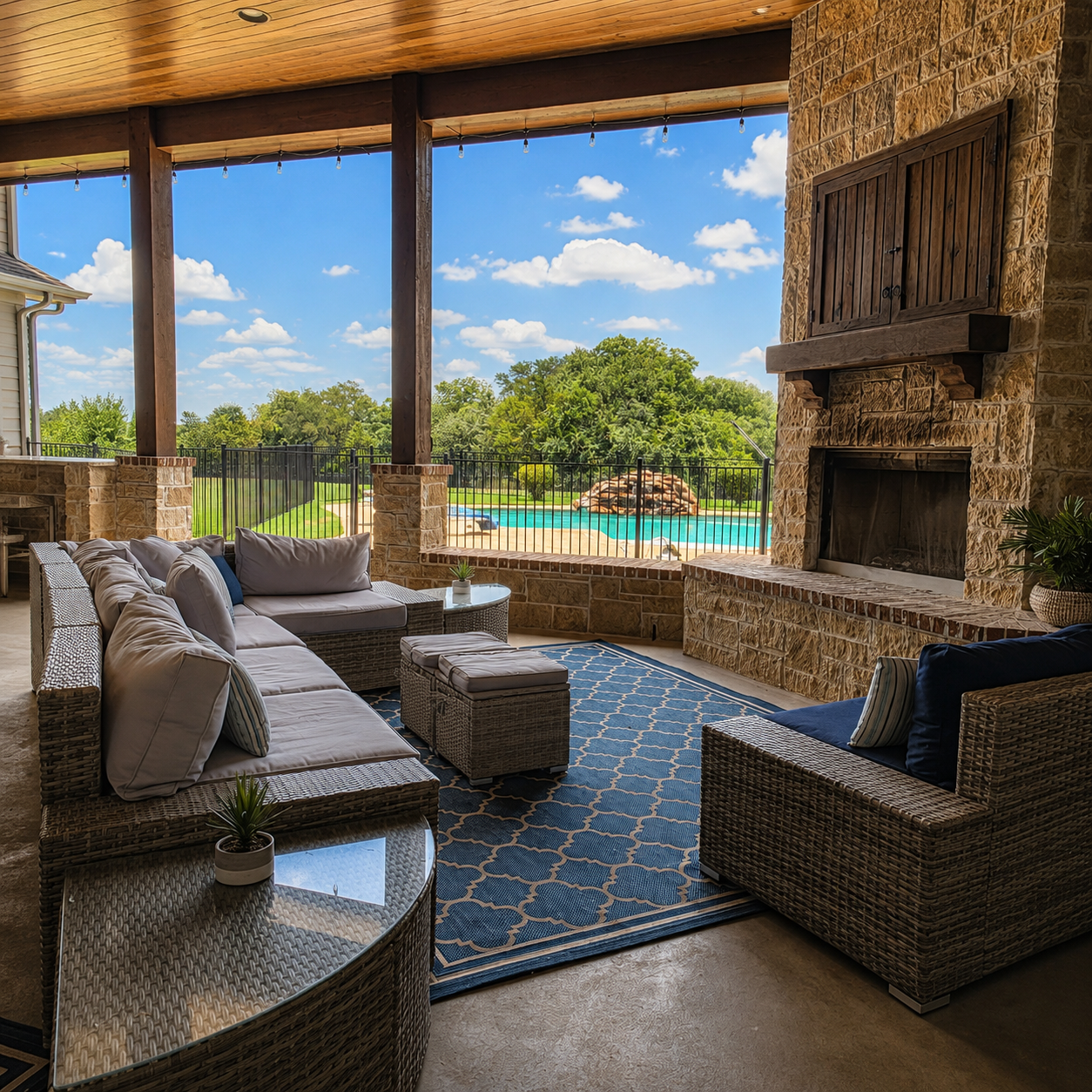 Covered patio with fireplace and outdoor seating overlooking the property