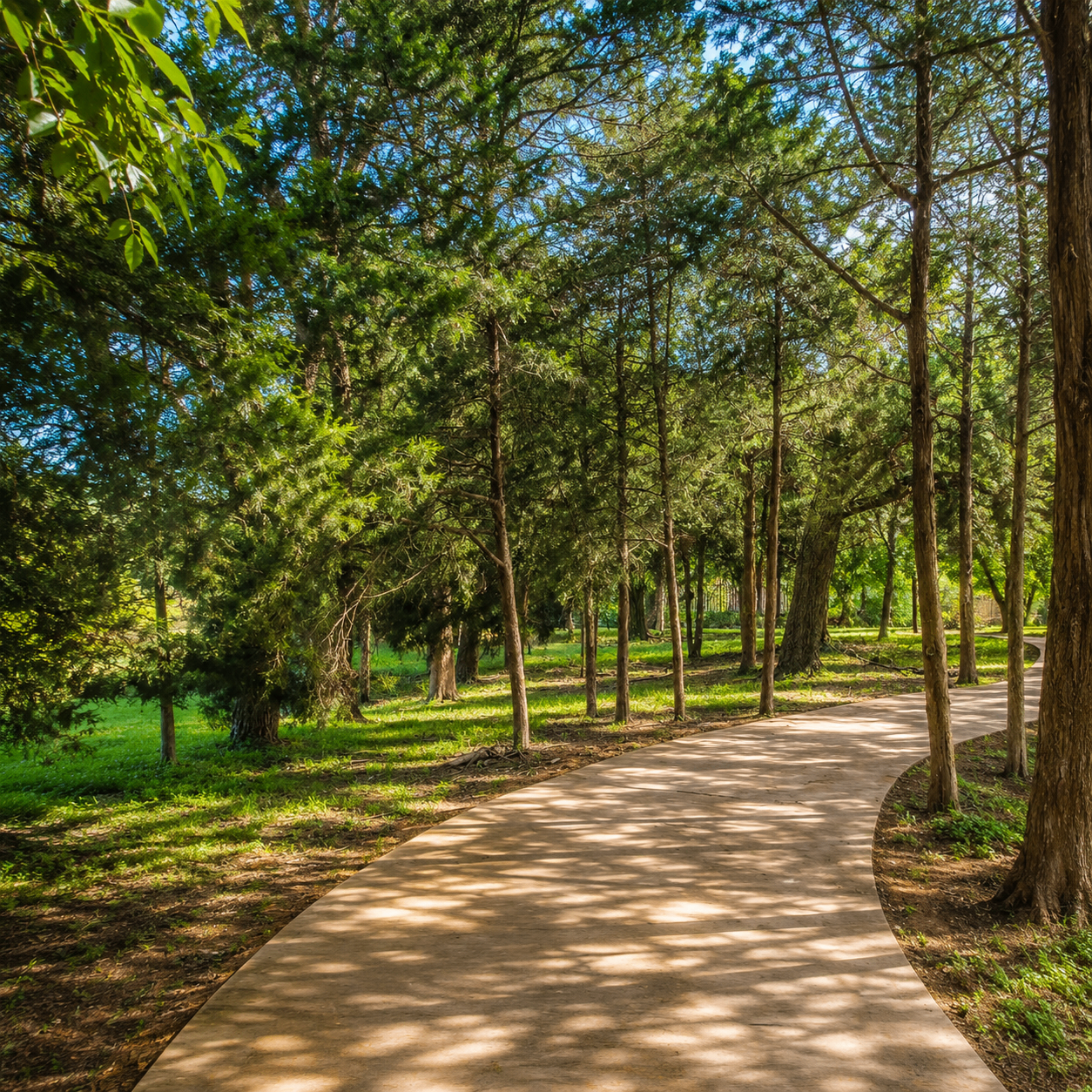 Curved walking path shaded by trees at Grand Pleasantville