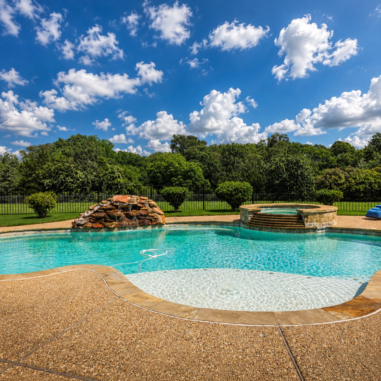 Grand Pleasantville pool and spa surrounded by landscaped grounds